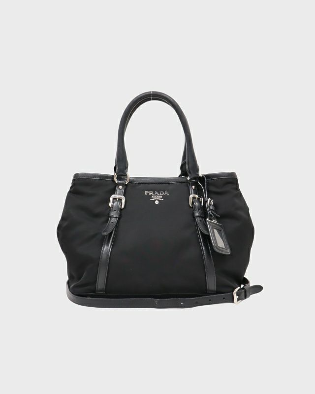 【PRADA】2wayバッグ　ハンドバッグ　ロゴ金具　リボン　ナイロン　ブラック PRADA ロゴ金具ナイロンレザー2Wayバッグ | Hedy